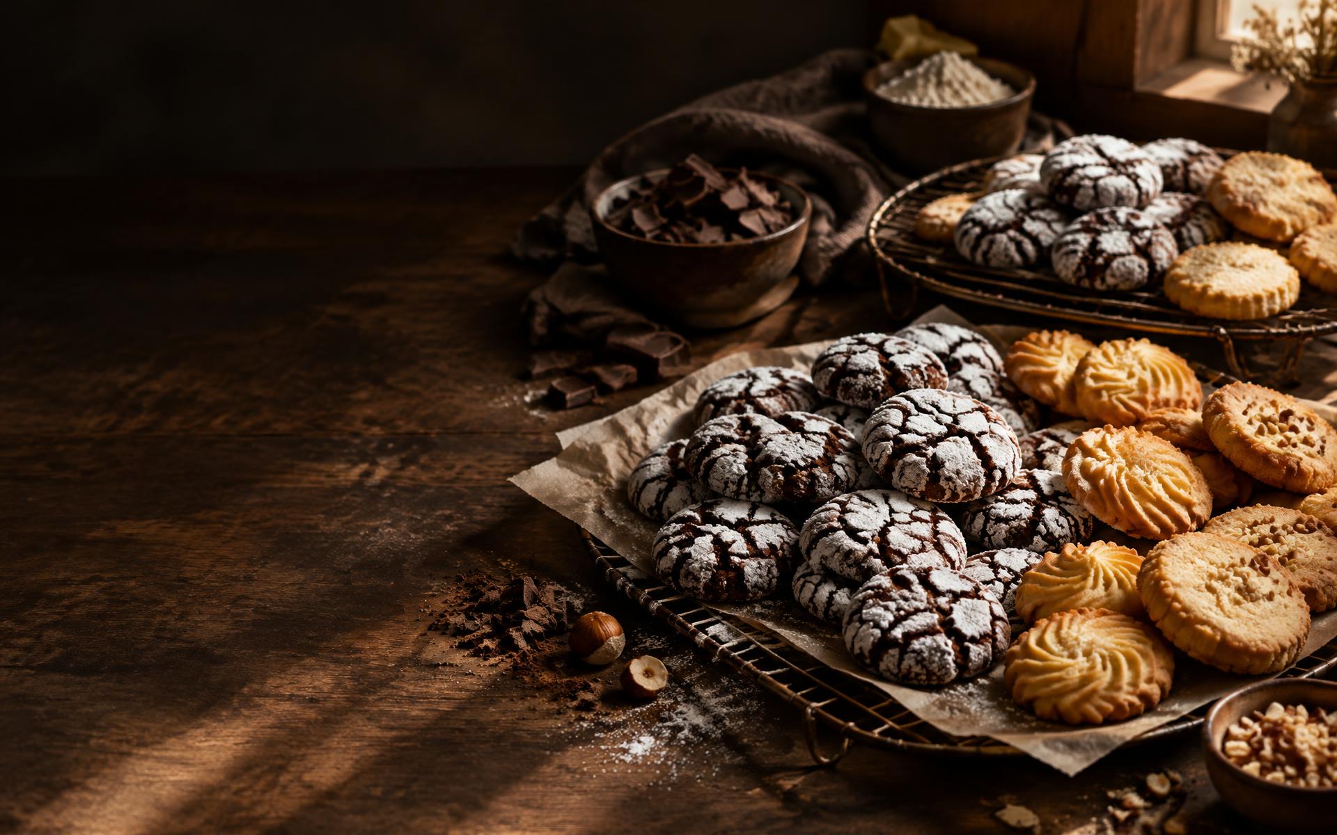 A selection of handmade cookies on cooling racks