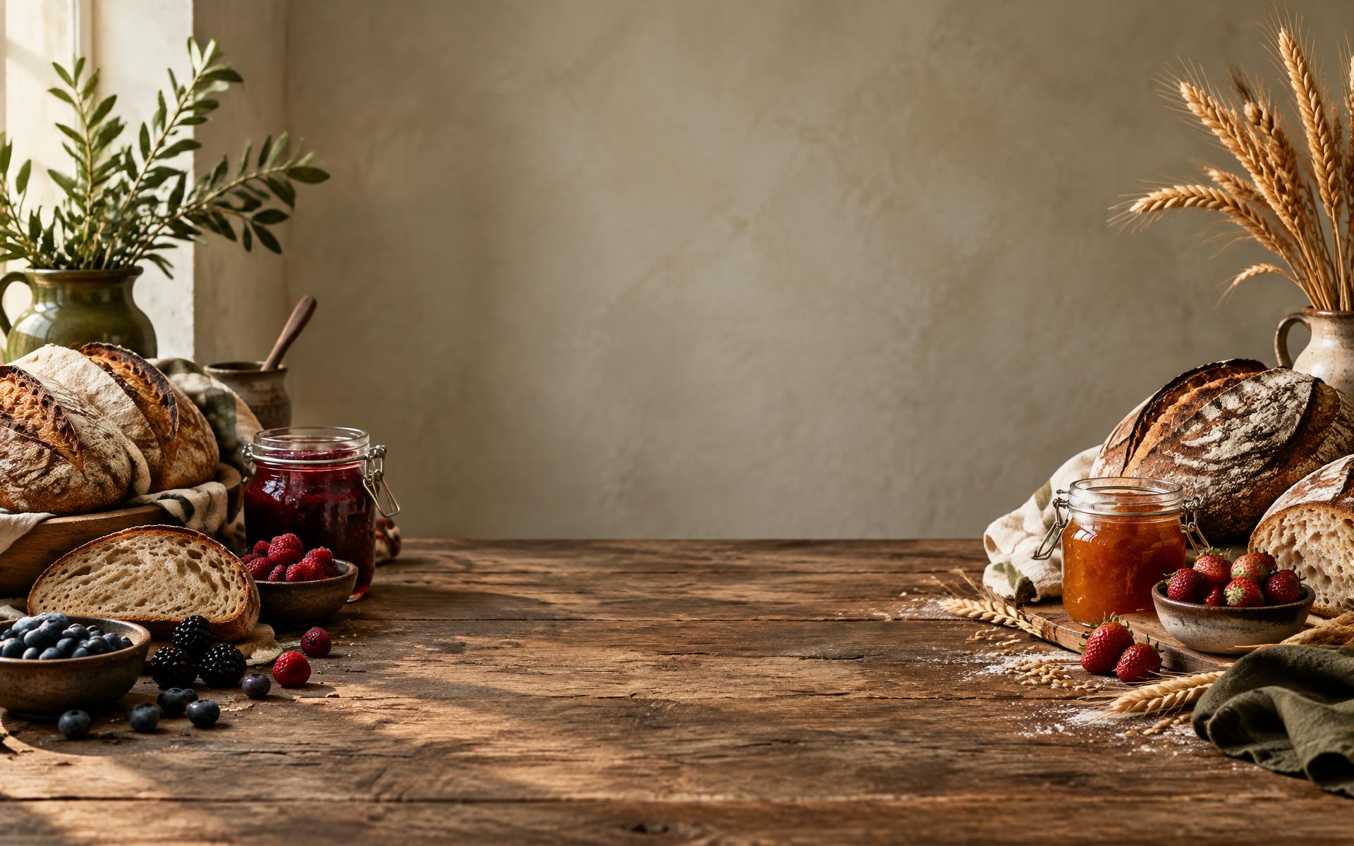 Sourdough loaves, homemade jams, berries, and flour arranged around a wooden baker's table