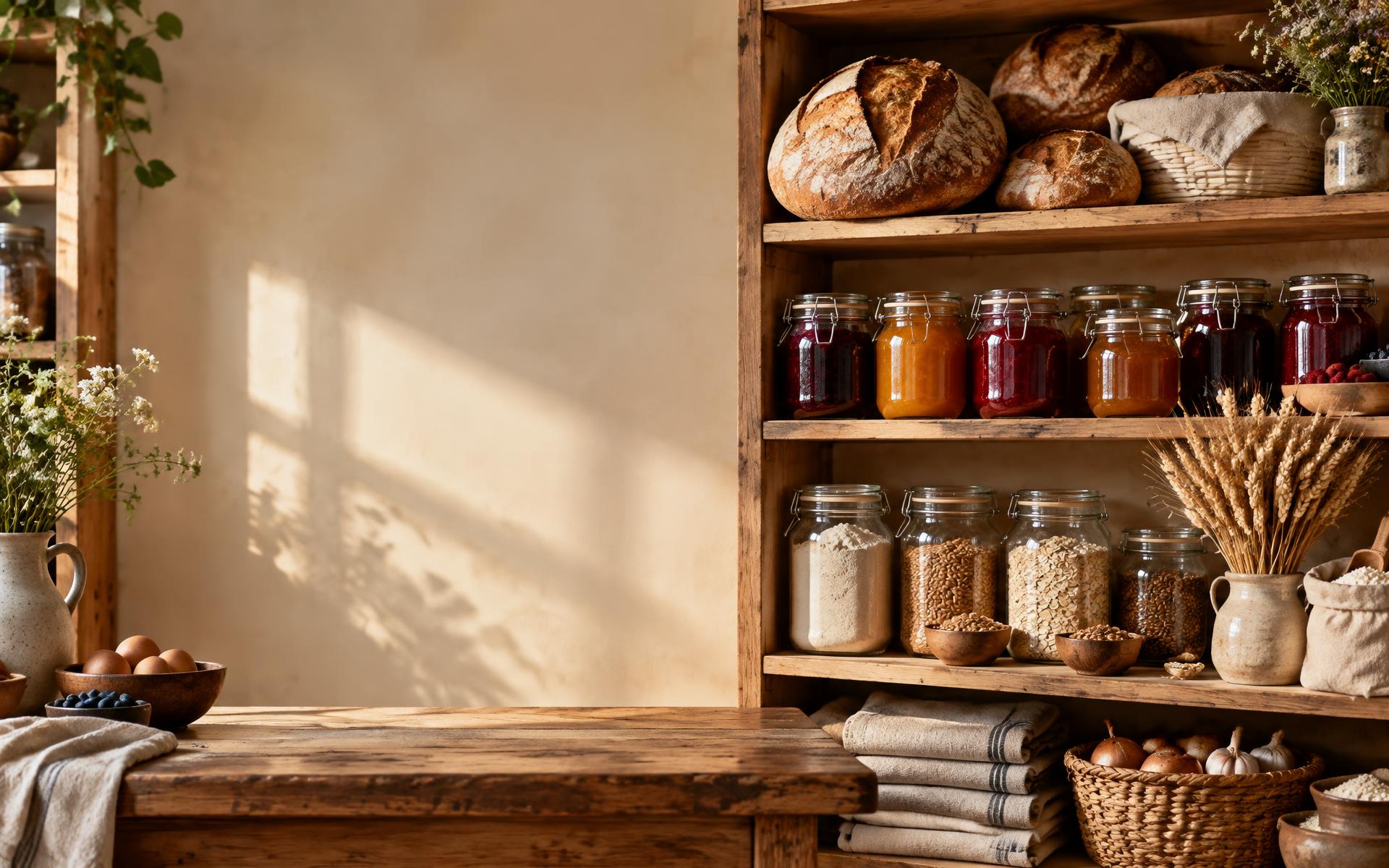 Pantry shelves filled with artisan bread, homemade preserves, and natural ingredients