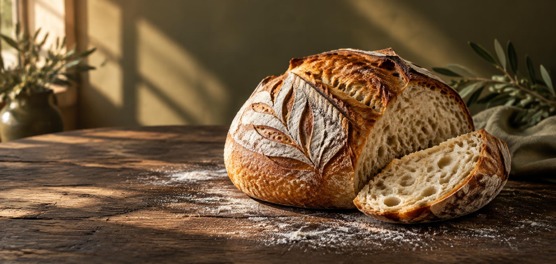Freshly sliced artisan sourdough on a wooden table